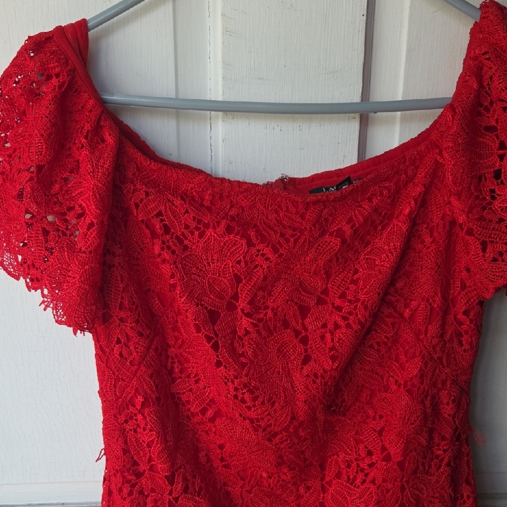 Polo by Ralph Lauren Red Lace Off-Shoulder Mini Dress Black Label - Picture 3 of 13